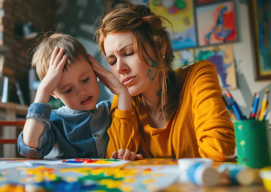 Mãe e filho frustrados diante de uma atividade